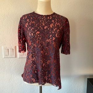 Zara Red + Purple Floral Lace Short Sleeve Top